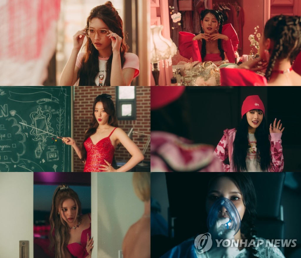 La imagen compuesta, proporcionada por Cube Entertainment, muestra escenas del vídeo musical de "Allergy", del grupo femenino de K-pop (G)I-dle. (Prohibida su reventa y archivo)
